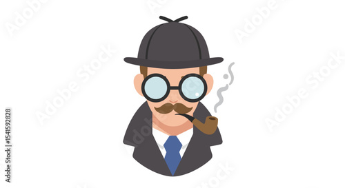 A stylized illustration of a mustachioed detective smoking a pipe.