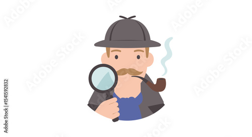 Cartoon illustration of a detective holding a magnifying glass and smoking a pipe.