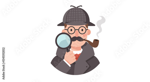 Cartoon detective figure holding a magnifying glass and smoking a pipe, investigating.