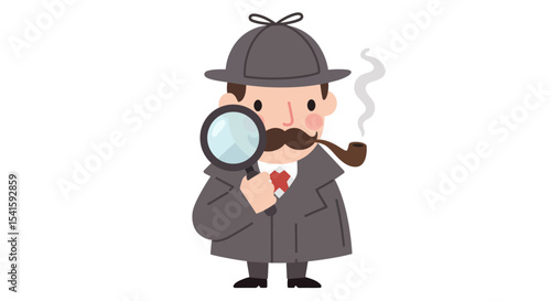 Cartoon illustration of a detective holding a magnifying glass and smoking a pipe.