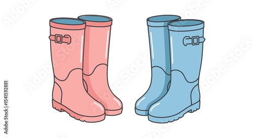 Two pairs of rubber boots, one pink and one blue, are depicted against a white background.