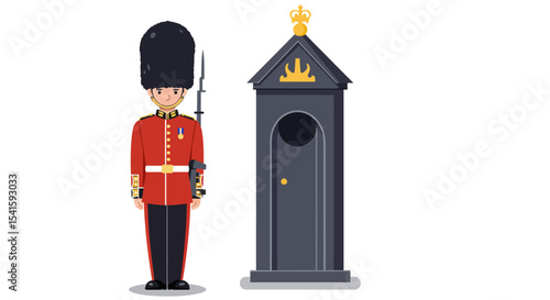 Cartoon depiction of a British soldier in red uniform standing guard next to a sentry box.