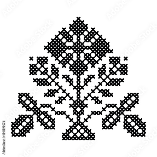 A flower in the style of cross-stitch. Symmetrical flower pattern made with black crosses. Creativity and needlework. Cross-stitch. Vector illustration on a white background for design and web.