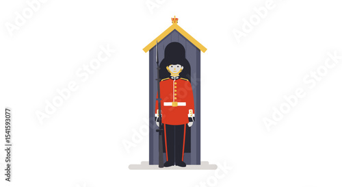 A cartoon depiction of a British soldier in uniform standing guard in a small booth.