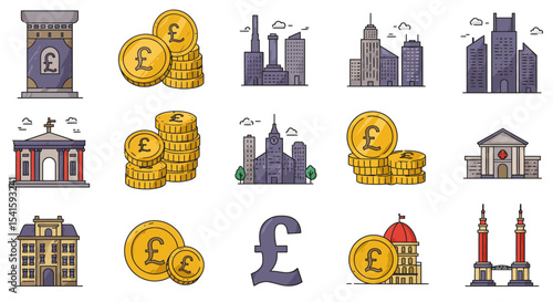 Collection of British pound coin stacks and stylized city building illustrations.