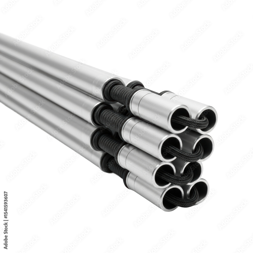 Fototapeta premium Silver metal tubes with black braided cables bundled together. Ideal for industrial design, engineering, or electrical system visuals.