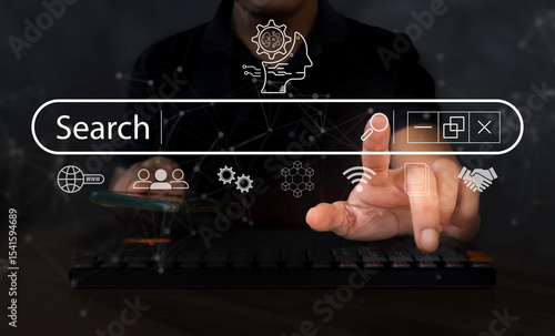 Man touch AI, SEO icon on websites to rank search engines. Search with Ai assistant, search on virtual screen. Artificial Intelligence data technology. SEO Search Engine Optimization concept.