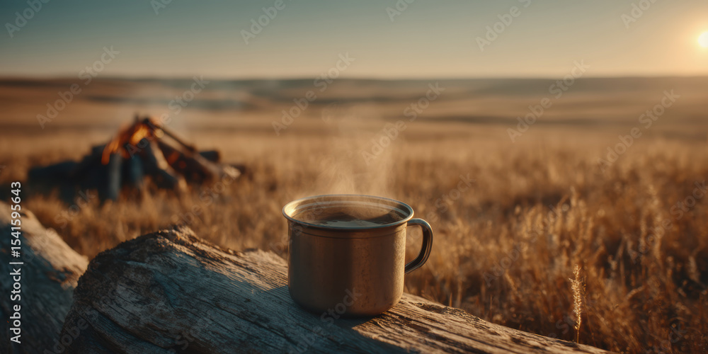 Wild camping coffee ritual at sunrise, steaming mug and solitude moment in golden grassland, sunrise solitude ritual with slow living outdoors and mindful wilderness brew for eco travel lifestyle Wild camping coffee ritual at sunrise, steaming mug and solitude moment in golden grassland, sunrise solitude ritual with slow living outdoors and mindful wilderness brew for eco travel lifestyle