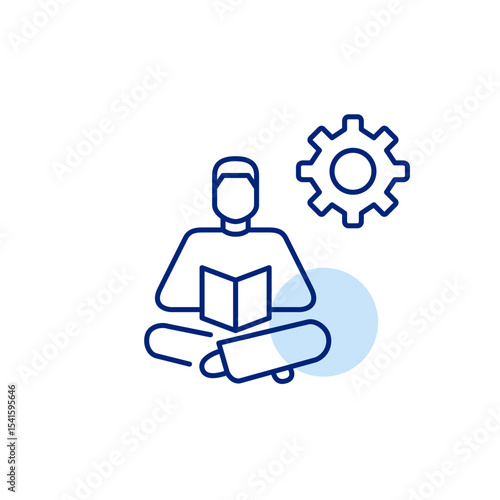 Man reading book and cogwheel. Learning management, personalized education settings, study optimization, knowledge system configuration, user-driven training. Pixel perfect, editable stroke vector ico