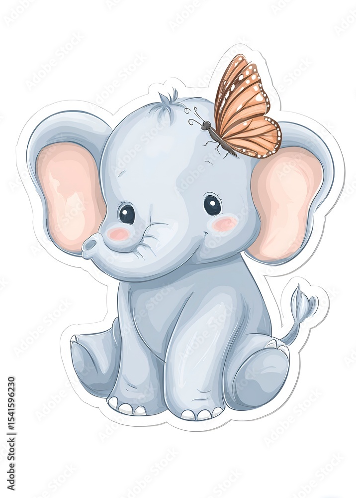 Fototapeta premium Adorable Elephant and Butterfly Sticker, Pastel Vector Cartoon with Die-Cut Sheet, Children's Book Illustration Style on White Background for Kids Crafts, Educational Materials and Stationery