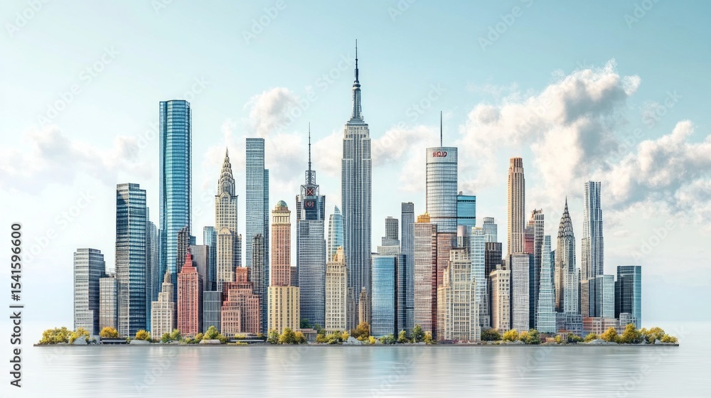 Fototapeta premium Panorama of city landscape with skyscrapers against the blue sky. Suitable for articles about city life, architecture and travel.