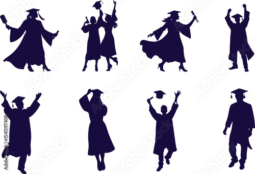 Group of students graduating happily wearing academic attire, gowns or robes and graduation caps and holding diplomas. Boy and girl celebrating university graduation. graduation vector illustration