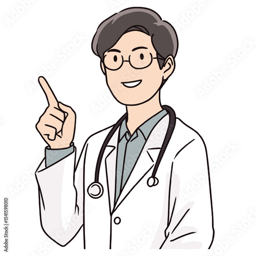 Smiling Doctor in White Coat Pointing Upwards physician