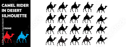 Camel Rider in Desert Silhouette Vector Set – Nomadic Lifestyle, Sand Dunes, and Middle Eastern Culture