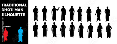 Traditional Dhoti Man Silhouette Vector Set – Indian Attire, Cultural Representation, and Rural Life
