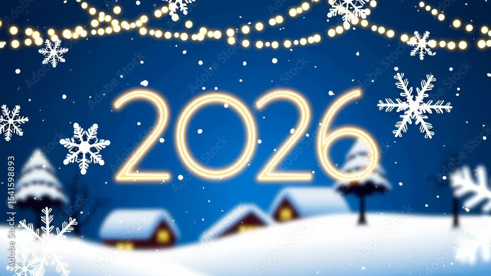 Greeting card featuring the number 2026 on a dark blue festive background with glowing Christmas and New Year elements. The scene radiates warmth, celebration, and joyful holiday spirit. Greeting card featuring the number 2026 on a dark blue festive background with glowing Christmas and New Year elements. The scene radiates warmth, celebration, and joyful holiday spirit.