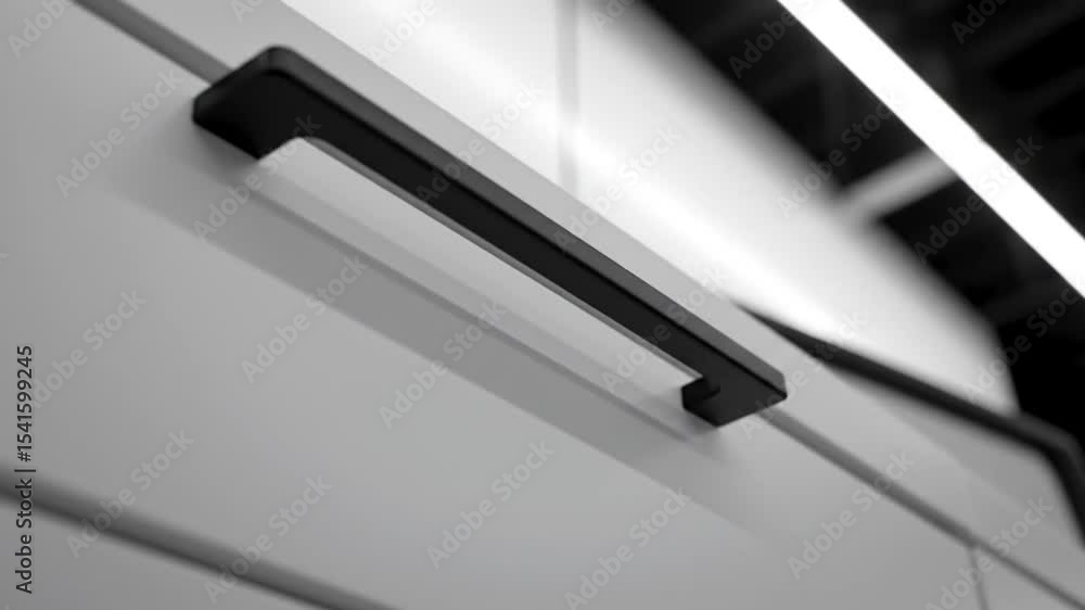 Matte Black Handle Adorning Modern White Cabinet In Kitchen Studio Matte Black Handle Adorning Modern White Cabinet In Kitchen Studio