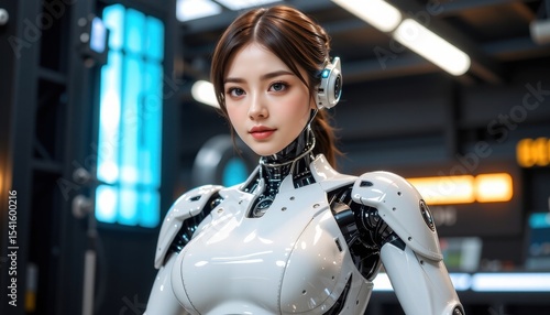 ultra realistic 8k image, 300 dpi, hyper detailed, sharp focus at all depths, beautiful humanoid female robot, late 20s appearance, 80% human like skin, soft realistic complexion