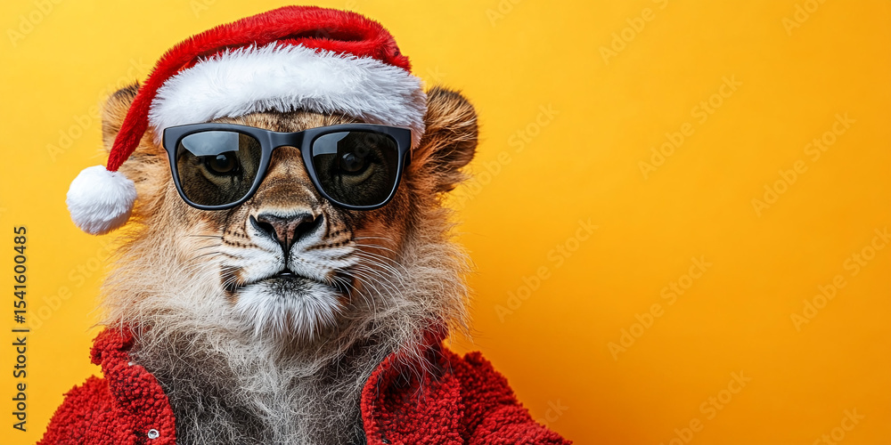 Obraz premium Stylish Lion Wearing Santa Hat and Sunglasses on Festive Yellow Background