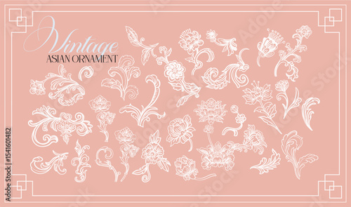Asian, Chinese style. Set of graceful linear elements (botanical, fantasy) stylized as vintage porcelain Chinese painting. Vector digital illustrations on color background with text.