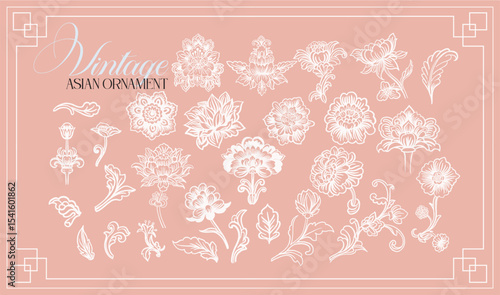Asian, Chinese style. Set of graceful linear elements (botanical, fantasy) stylized as vintage porcelain Chinese painting. Vector digital illustrations on color background with text.