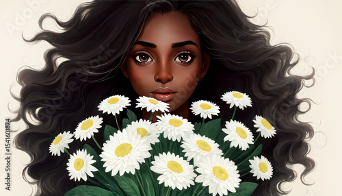 Beautiful African girl with curly hair holding a bouquet of flowers. Portrait of a girl with dark skin and big eyes. Beautiful dark-skinned girl holding a bouquet of daisies. Mother's Day. Bouquet of 