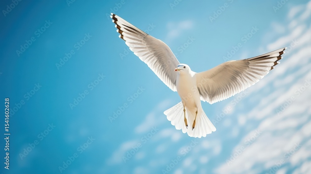 Obraz premium Seagull soaring high with wings fully extended against light blue sky background