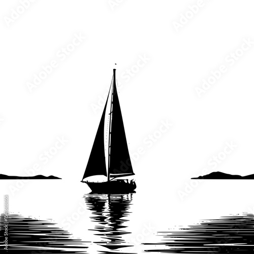 Silhouette of sunset horizon over calm sea with sailboat