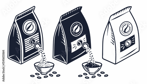  A set of icons depicting packet soluble powder is presented in black and blue hues on a white backdrop