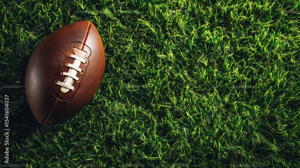 Obraz premium American Football on Green Turf Background for Sports and Leisure Use