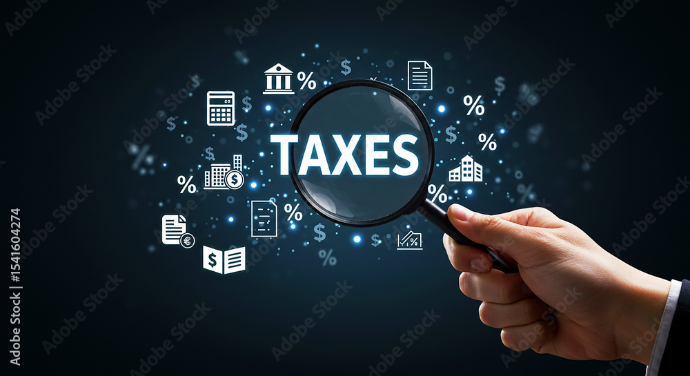 Fototapeta premium ax audit concept. Hand with magnifying glass over 'TAXES' text on blue digital background with financial icons.