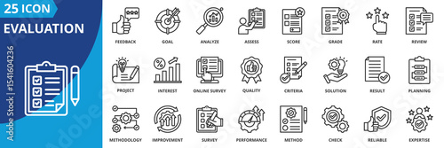 evaluation icon set collection in outline style. an icon pack contain assess, review, score, rate, grade, project, analyze