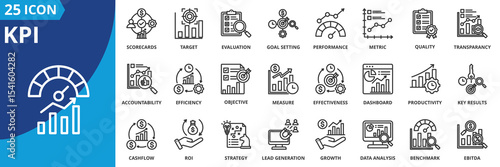 kpi icon set collection in outline style. an icon pack contain scorecards, target, evaluation, goal setting, performance, metric, quality