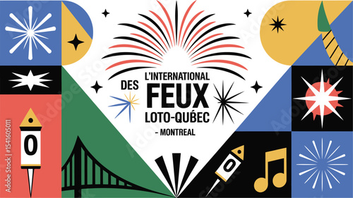 Poster-Style Design – Stylized Fireworks Burst with Bold Typography and Festival Icons Surrounding the main burst are graphic vector icons including sparklers, rockets, music notes, abstract stars