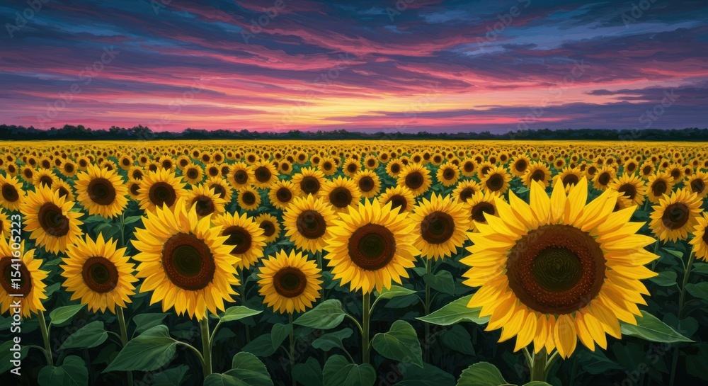 Fototapeta premium Sunflower sea under twilights brushstrokea vivid dreamscape