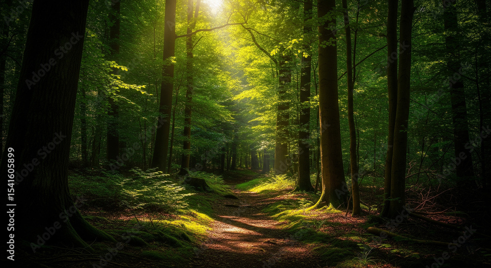 Obraz premium sun rays in the forest with green trees