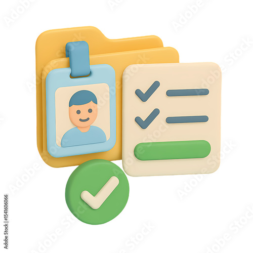 3D flat icon of user profile ID, checklist, and green tick mark. Ideal for HR systems, sign-up processes, or UI/UX dashboard elements
