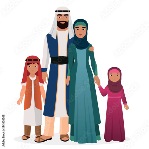 Arabian family. Arabian man and woman with boy and girl kids in traditional national clothes