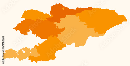 Map of Kyrgyzstan with regions. Just a simple country border map with region division. Orange color palette. Plain Kyrgyzstan shape with administrative division. Vector illustration.