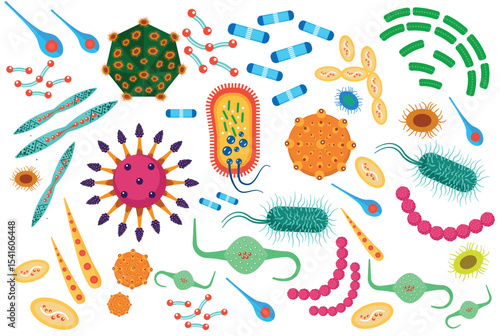 Virus bacteria icons set. Cartoon flat color vector illustration