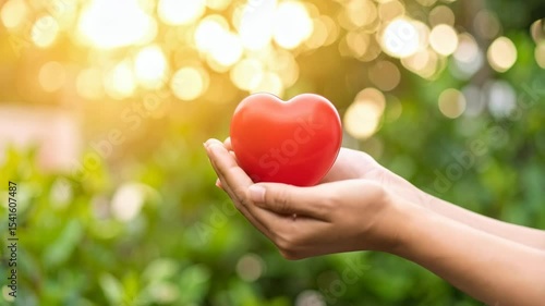 Close-up of hands holding a red heart shape with defocused bright sunlight and green foliage in the background, representing love and kindness