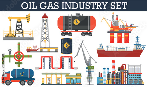 Oil gas industry infographics concept. Gasoline diesel fuel transportation and distribution icons