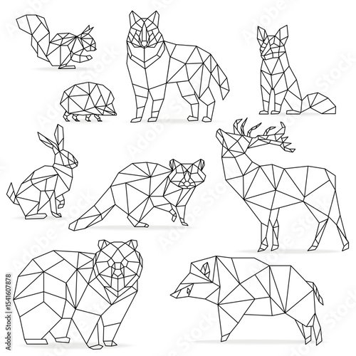 Low poly line animals set. Origami poligonal line animals. Wolf bear deer wild boar fox raccoon rabbit hedgehog