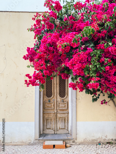  A bougainvillea covered entrance door to a home in Olhao in the Algarve, Portugal