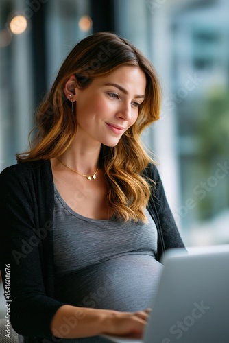 Young caucasian pregnant female smiling and typing on laptop indoors Free Download Young caucasian pregnant female smiling and typing on laptop indoors - GFXLoad