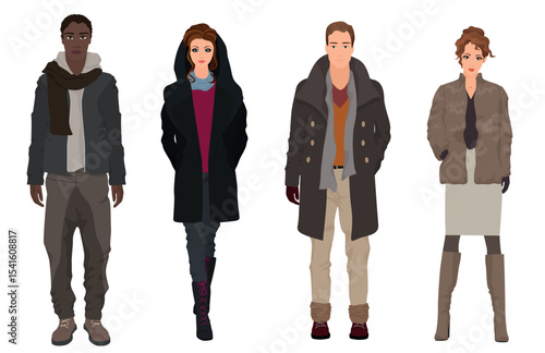 Handsome young guys with beautiful girls models in winter warm casual modern fashion clothes isolated. Black and white People couples