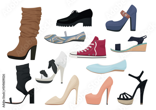 Woman shoes isolated set. Female girl season shoes icons collection
