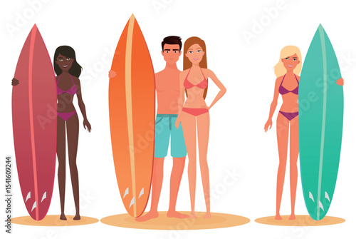 Man and woman surfer standing, holding a surfboard. Cartoon people couple surfers. White and black african young people