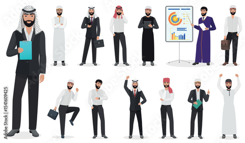 Arab Businessman man Character poses. Muslim male positions in suit and traditional clothes cartoon vector illustration