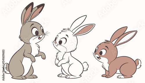 A collection of four cartoon baby rabbits in various colors and poses is set against a white background  